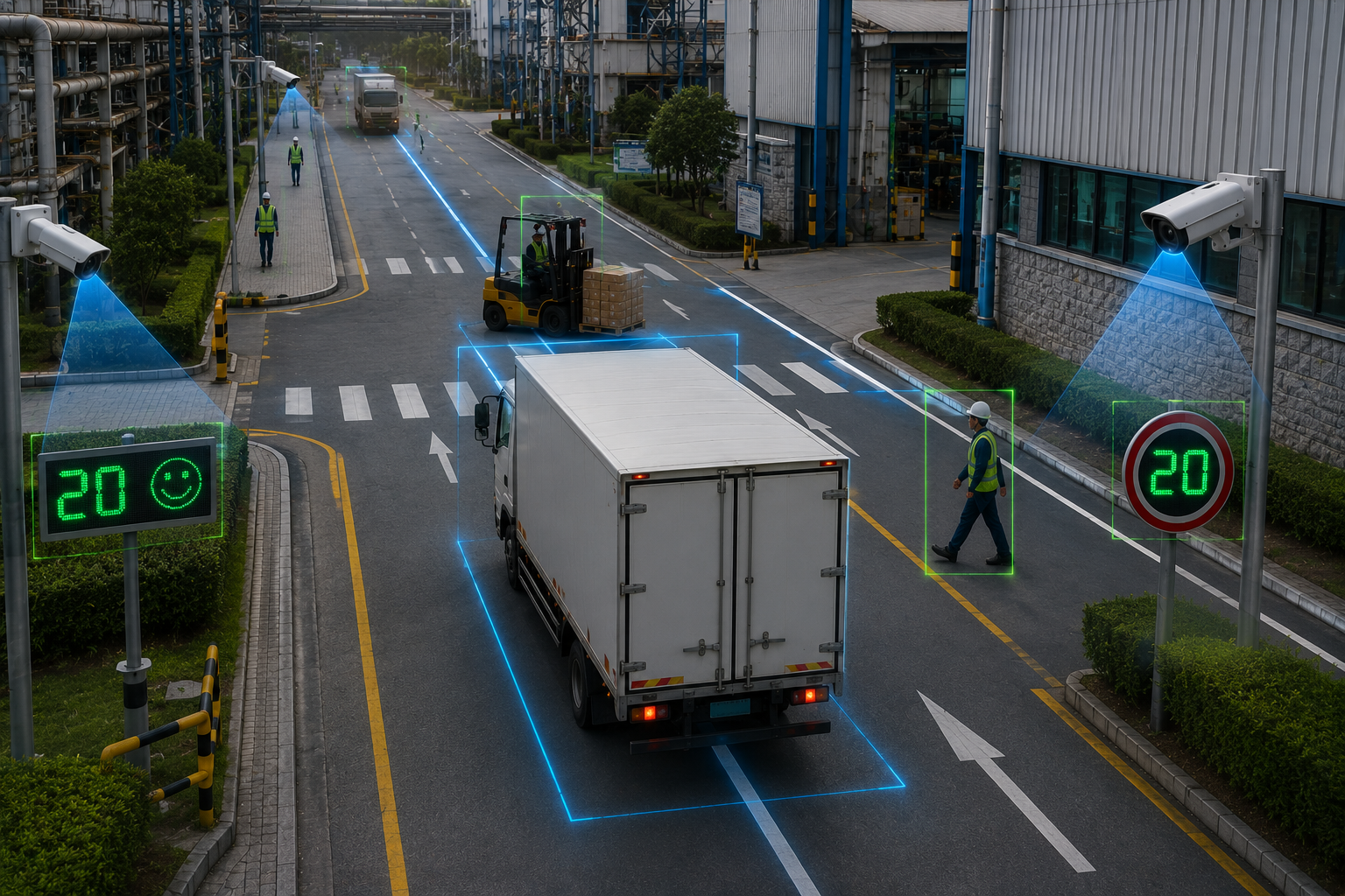 Loading and unloading areas, raw material warehouses, and intersections have a high risk of collisions.